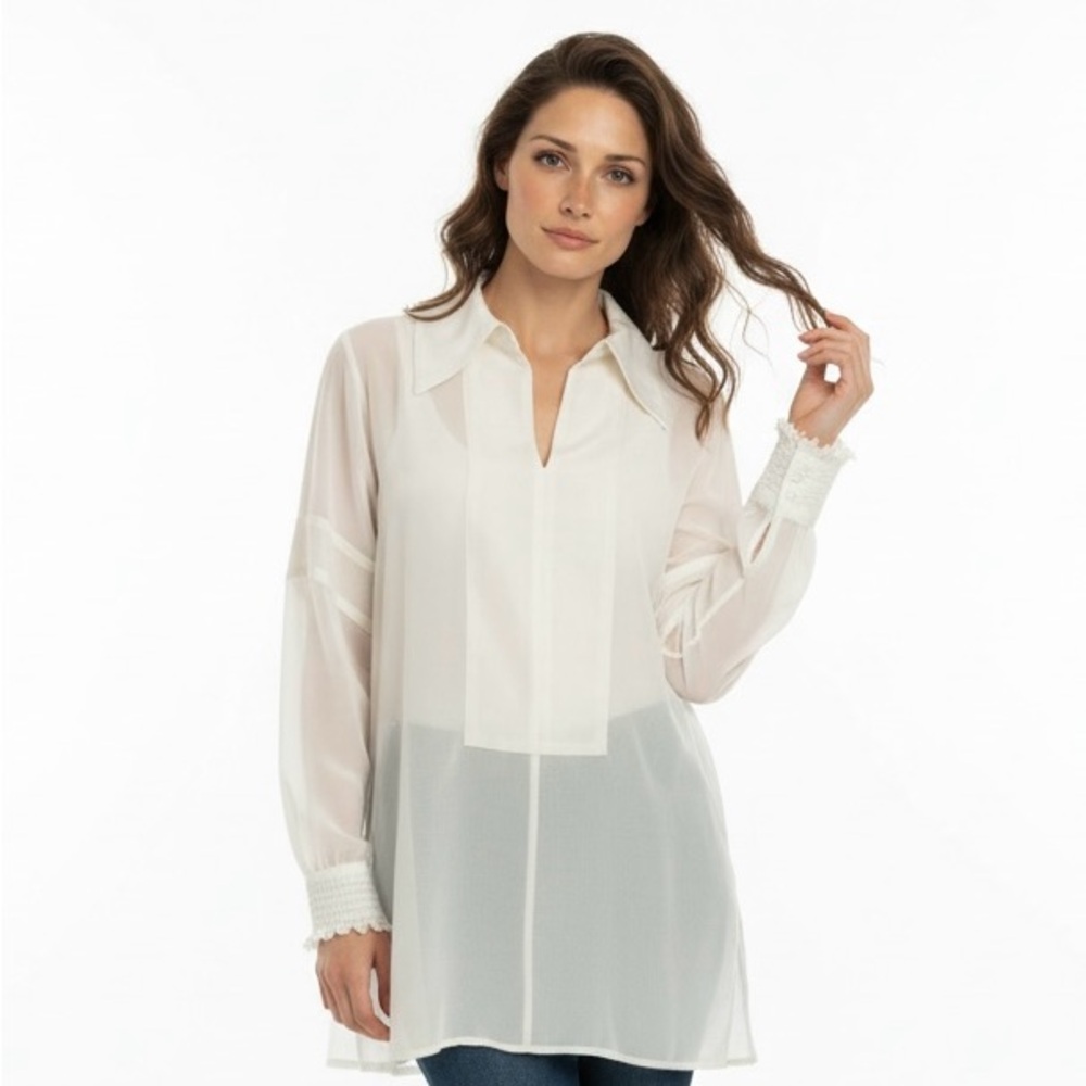 CAbi Women's Oversized Ivory Long Sleeve Sheer Size Small